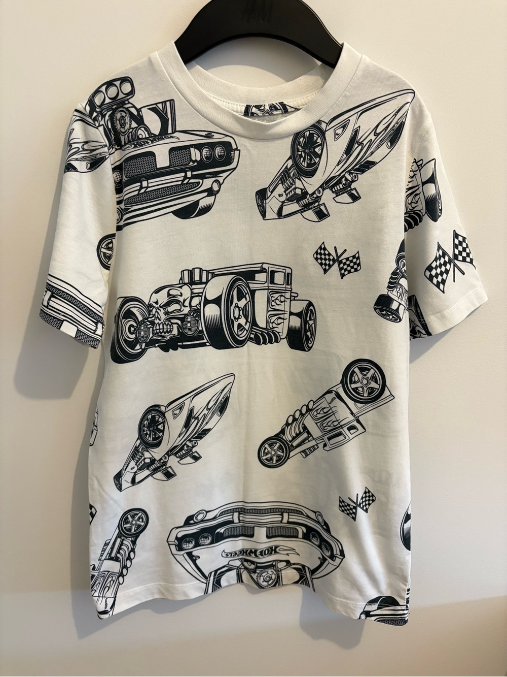 White Kids Short Sleeve Tee with Black Car Graphics